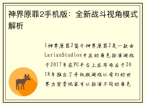 神界原罪2手机版：全新战斗视角模式解析